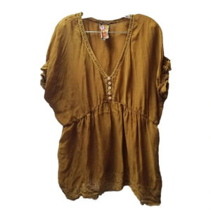 JOHNNY Was Mustard Yellow Crochet Button Cupra Rayon Short Sleeve  Blouse XL